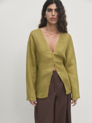 Massimo Dutti Linen Oversize With Low-cut Back Women Blouse Olive | US-HV6987235