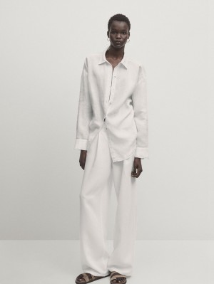Massimo Dutti Linen Oversize Women Blouse White | US-EK9608257