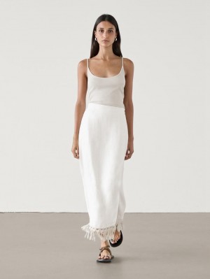 Massimo Dutti Linen Pareo With Fringe Detail Women Skirts White | US-PK4079163