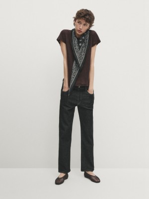 Massimo Dutti Linen Short Sleeve Women T-Shirt Dark Brown | US-WS9175362