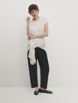 Massimo Dutti Linen Short Sleeve Women T-Shirt White | US-KI8047156