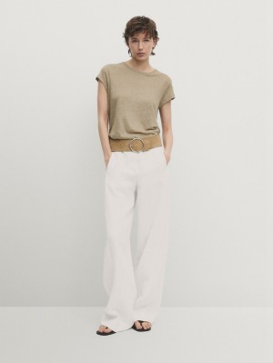 Massimo Dutti Linen Short Sleeve Women T-Shirt Khaki | US-CY9682750