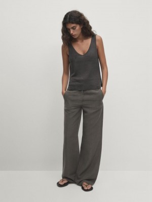 Massimo Dutti Linen Strappy Women Top Dark Grey | US-IB0739624