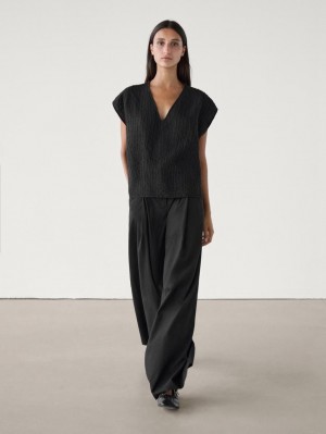 Massimo Dutti Linen Textured With V-neckline Women Blouse Black | US-HI4152879