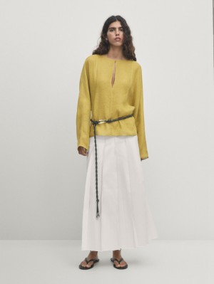 Massimo Dutti Linen V-neck Women Blouse Yellow | US-EL7468352