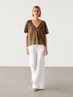 Massimo Dutti Linen V-neck Women T-Shirt Dark Brown | US-GQ4987130