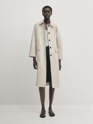 Massimo Dutti Long Cotton Blend With Buttons Women Trench Coat Cream | US-PJ0785129