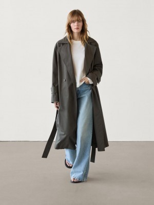 Massimo Dutti Long Cotton Women Trench Coat Dark Grey | US-XW0781965