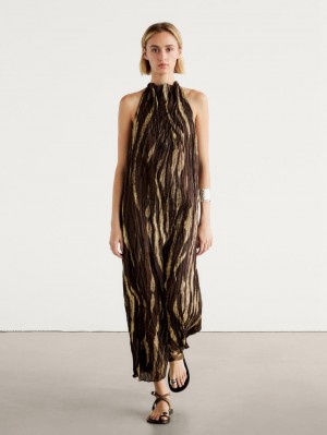 Massimo Dutti Long Creased Print Halter Neck Women Dress Dark Brown | US-DJ9514067