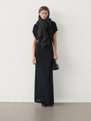 Massimo Dutti Long Draped With Shoulder Detail Women Dress Black | US-CX3254098