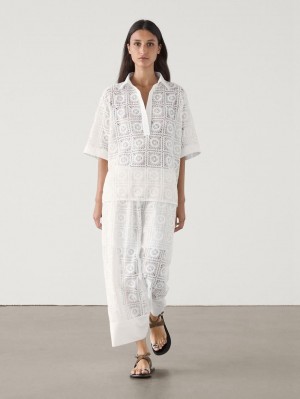 Massimo Dutti Long Embroidered Crochet Co-ord Women Skirts White | US-IO3526948