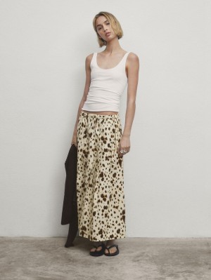 Massimo Dutti Long Flared Animal Print Women Skirts Cream / Dark Brown | US-MP2659013