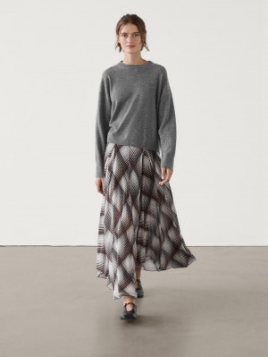 Massimo Dutti Long Flared With Checked Detail Women Skirts Grey / Dark Brown | US-SE9276518