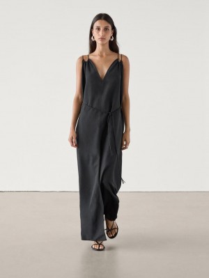 Massimo Dutti Long Linen Blend With Double Straps Women Dress Black | US-YE3546781