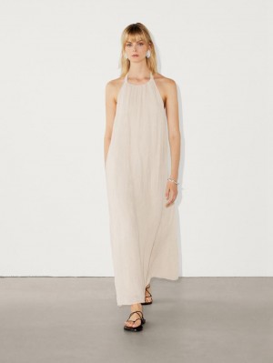 Massimo Dutti Long Linen Halterneck Women Dress Cream | US-MG9675012