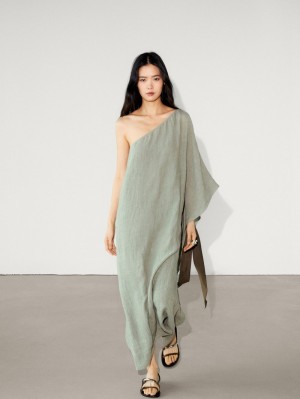 Massimo Dutti Long Linen With Asymmetric Neckline Women Dress Green | US-UE4219638