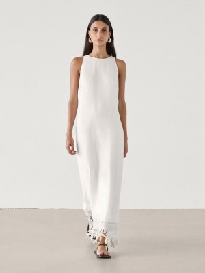 Massimo Dutti Long Linen With Fringe Detail Women Dress White | US-WX8527304