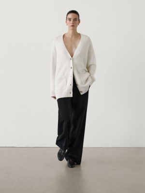 Massimo Dutti Long Plain Knit Cashmere Women Cardigan Cream | US-OF8634795