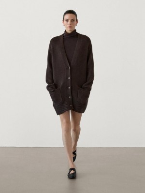 Massimo Dutti Long Plain Knit Cashmere Women Cardigan Chocolate | US-VZ5692073