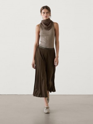 Massimo Dutti Long Pleated Flared Women Skirts Olive | US-WU6359724