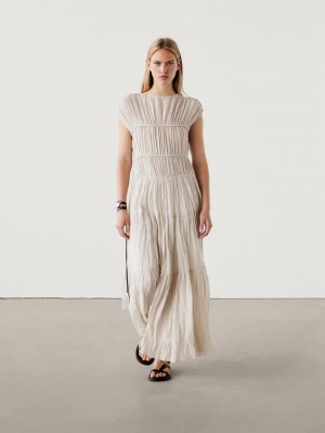 Massimo Dutti Long Pleated With Ramie And Lyocell Women Dress Cream | US-GA5719834