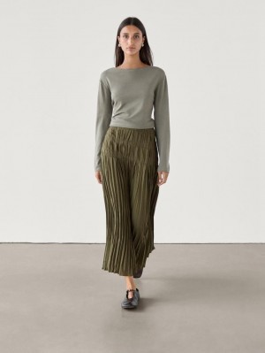 Massimo Dutti Long Pleated Women Skirts Olive | US-SN0631842