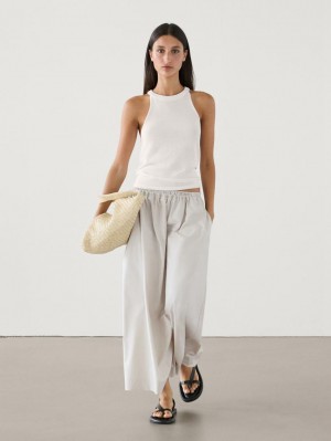 Massimo Dutti Long Poplin Maxi With Elastic Waistband Women Skirts Beige | US-PU3026897
