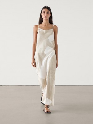 Massimo Dutti Long Printed Strappy Women Dress Beige / White | US-BQ8427091