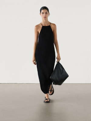 Massimo Dutti Long Ribbed Knit Women Dress Black | US-VK9685234