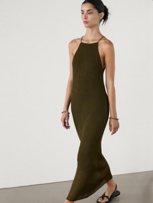 Massimo Dutti Long Ribbed Knit Women Dress Dark Olive | US-OF6934715