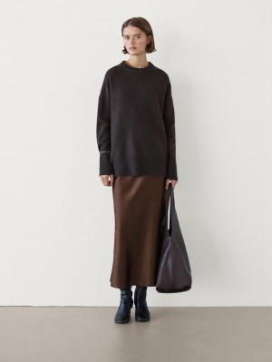 Massimo Dutti Long Satin Women Skirts Chocolate | US-IQ4968052