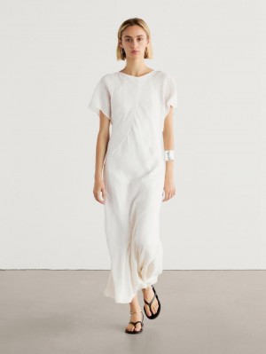 Massimo Dutti Long Short Sleeve Linen Women Dress Beige | US-WQ2694750