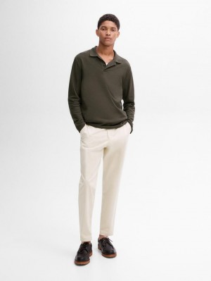 Massimo Dutti Long Sleeve Comfort Men Polo Shirt Dark Green | US-XJ0634197