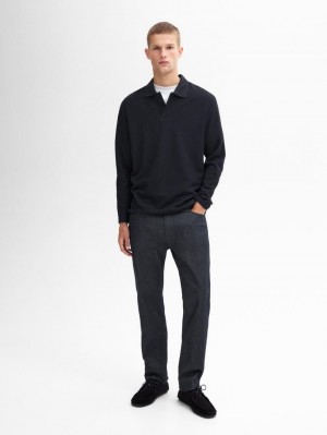 Massimo Dutti Long Sleeve Comfort Men Polo Shirt Navy | US-ZE1580732