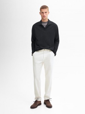 Massimo Dutti Long Sleeve Comfort Men Polo Shirt Black | US-GS0425971