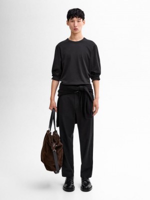 Massimo Dutti Long Sleeve Cotton Blend Men T-Shirt Black | US-UI6548903