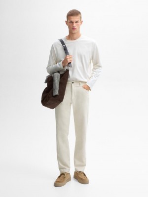 Massimo Dutti Long Sleeve Cotton Blend Men T-Shirt Cream | US-XJ9165874