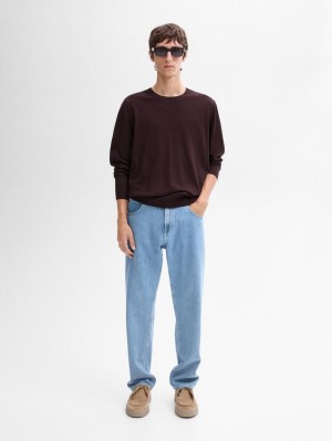 Massimo Dutti Long Sleeve Cotton Knit Men Sweater Burgundy | US-RC1206394