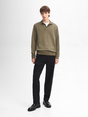 Massimo Dutti Long Sleeve Cotton Men Polo Shirt Khaki | US-RF0541968