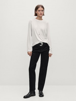 Massimo Dutti Long Sleeve Cotton Women T-Shirt White | US-KQ7682915