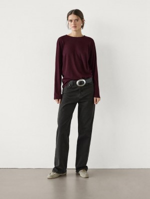 Massimo Dutti Long Sleeve Cotton Women T-Shirt Burgundy | US-FV7895620