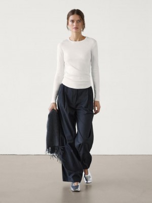 Massimo Dutti Long Sleeve Cotton Women T-Shirt Cream | US-WJ4829760