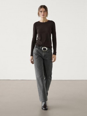 Massimo Dutti Long Sleeve Cotton Women T-Shirt Dark Brown | US-BZ5197482