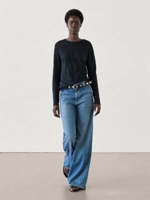Massimo Dutti Long Sleeve Cotton Women T-Shirt Navy | US-DK5489620
