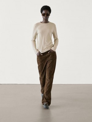 Massimo Dutti Long Sleeve Cotton Women T-Shirt Cream | US-GO5418703