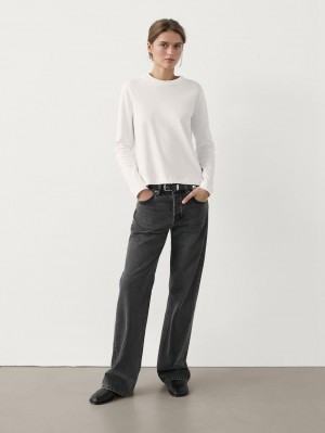 Massimo Dutti Long Sleeve Cotton Women T-Shirt White | US-YO5719823