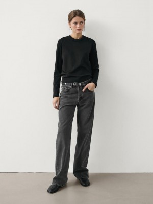Massimo Dutti Long Sleeve Cotton Women T-Shirt Black | US-EA6157438