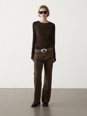 Massimo Dutti Long Sleeve Felt Texture Women T-Shirt Dark Brown | US-IN9406287