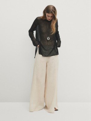 Massimo Dutti Long Sleeve Open Knit Women T-Shirt Black | US-NV2095483
