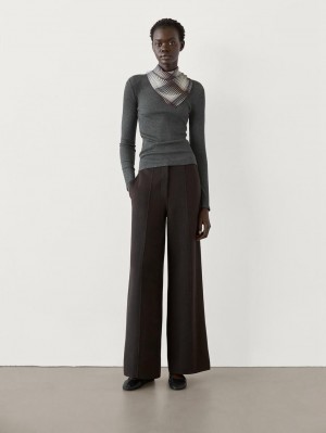 Massimo Dutti Long Sleeve Ribbed Women T-Shirt Dark Grey | US-JO5862490